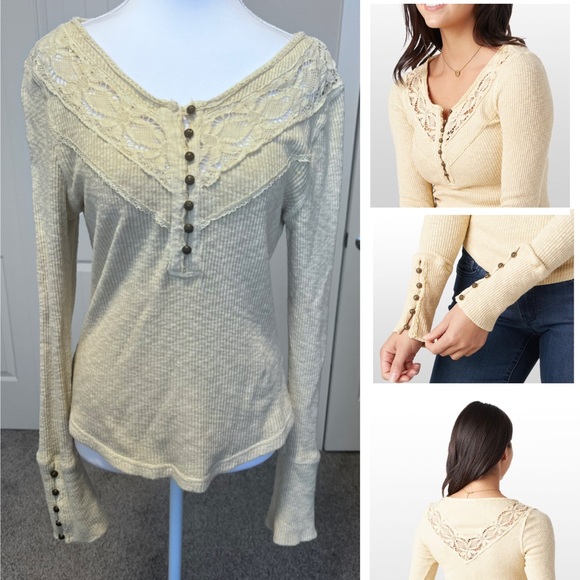Free People Tops - Free People Cream Lace Button Come on Over Stretch Henley Sz Large (Sm/Med)